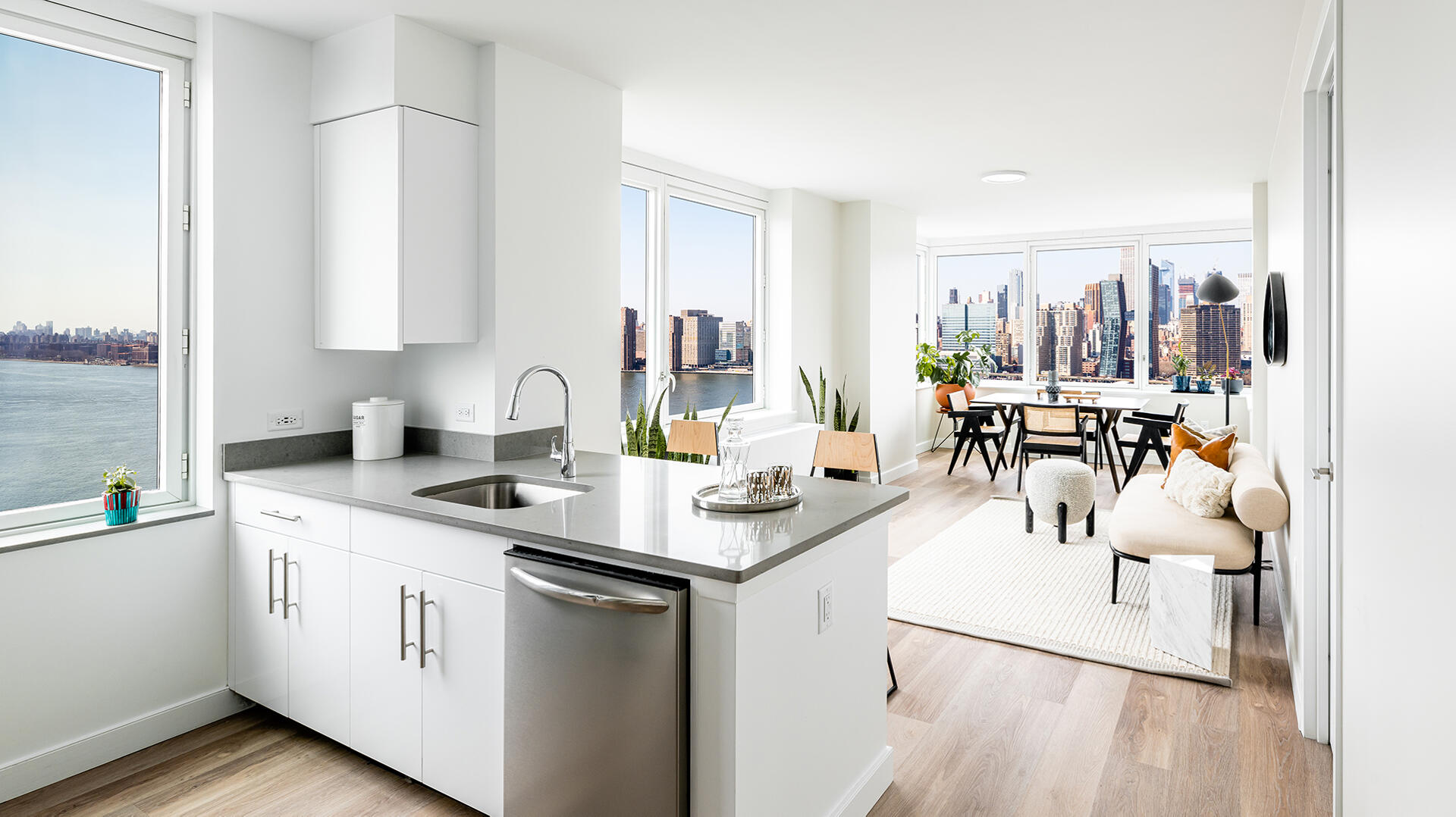 Sunlit furnished apartment interior